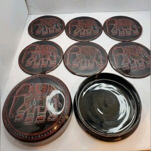 Vintage Burmese Laquer Box And 6pc Coaster Set W/ Elephant Art